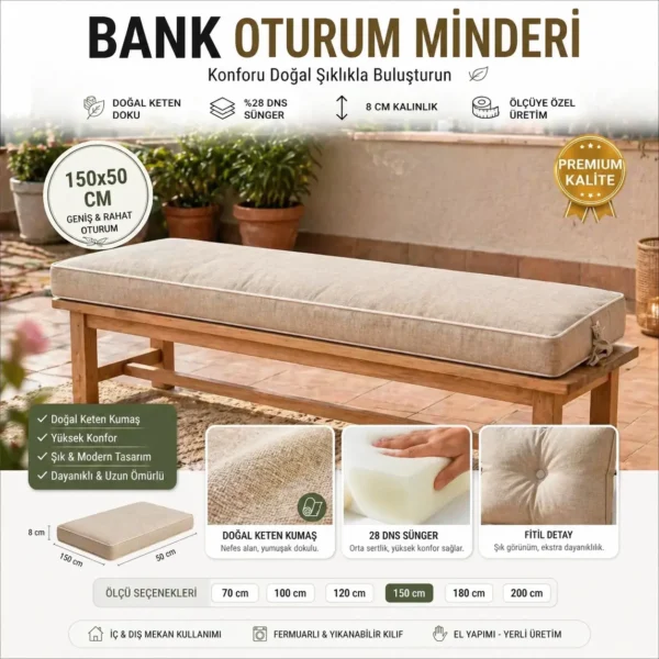 Bank Minderi 150*50 Keten Kumaş 8cm Kalınlık
