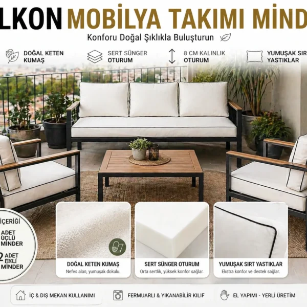 Balkon Mobilya Minder Takımı 1 Üçlü 2 Tekli 8cm Alt Oturum Sünger, Sırtlar Elyaf Dolgu