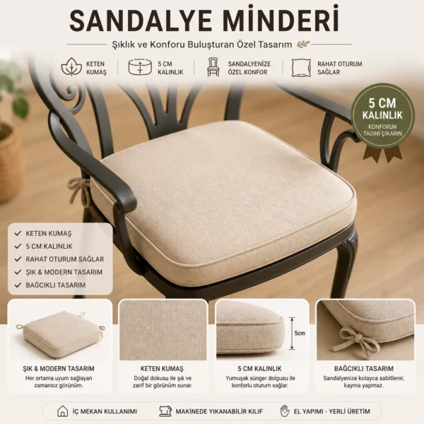Sandalye Minderi 5cm Sünger Dolgu Keten Kumaş Bağcıklı Fitilli