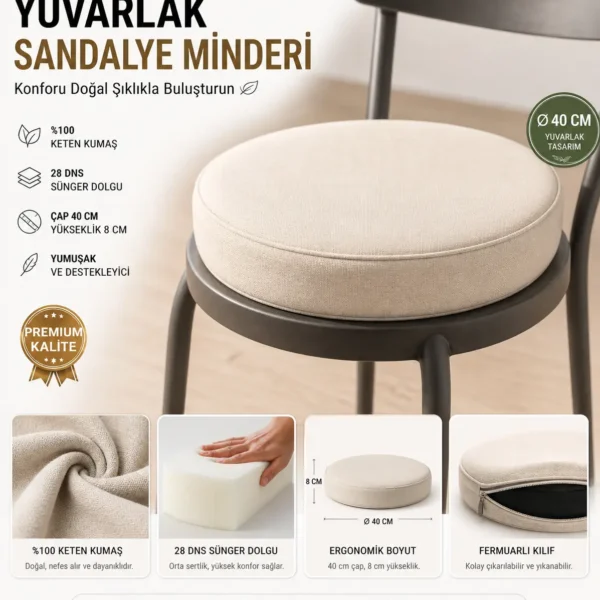 Sandalye Minderi Yuvarlak 5cm Sünger Dolgu Keten Kumaş Bağcıklı Fitilli